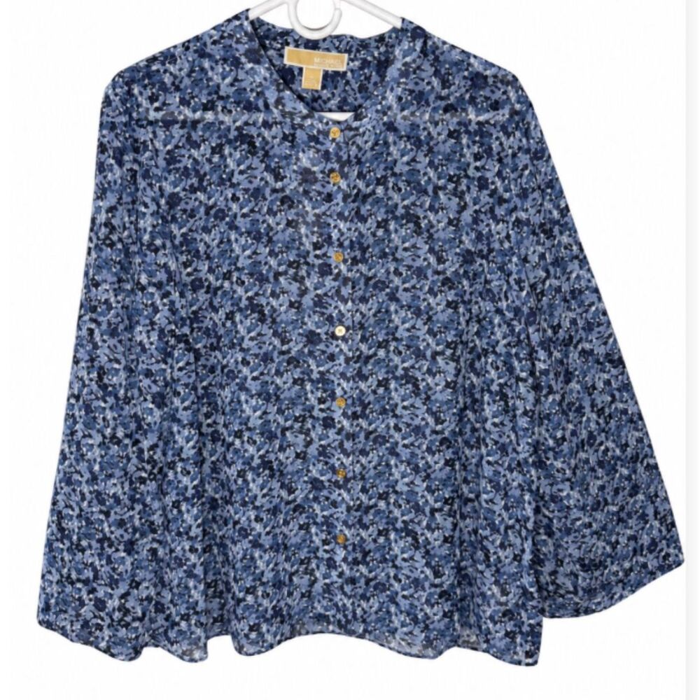 NWT Michael Kors XL Admiral Blue Abstract Print Gold Logo Buttons Front Blouse